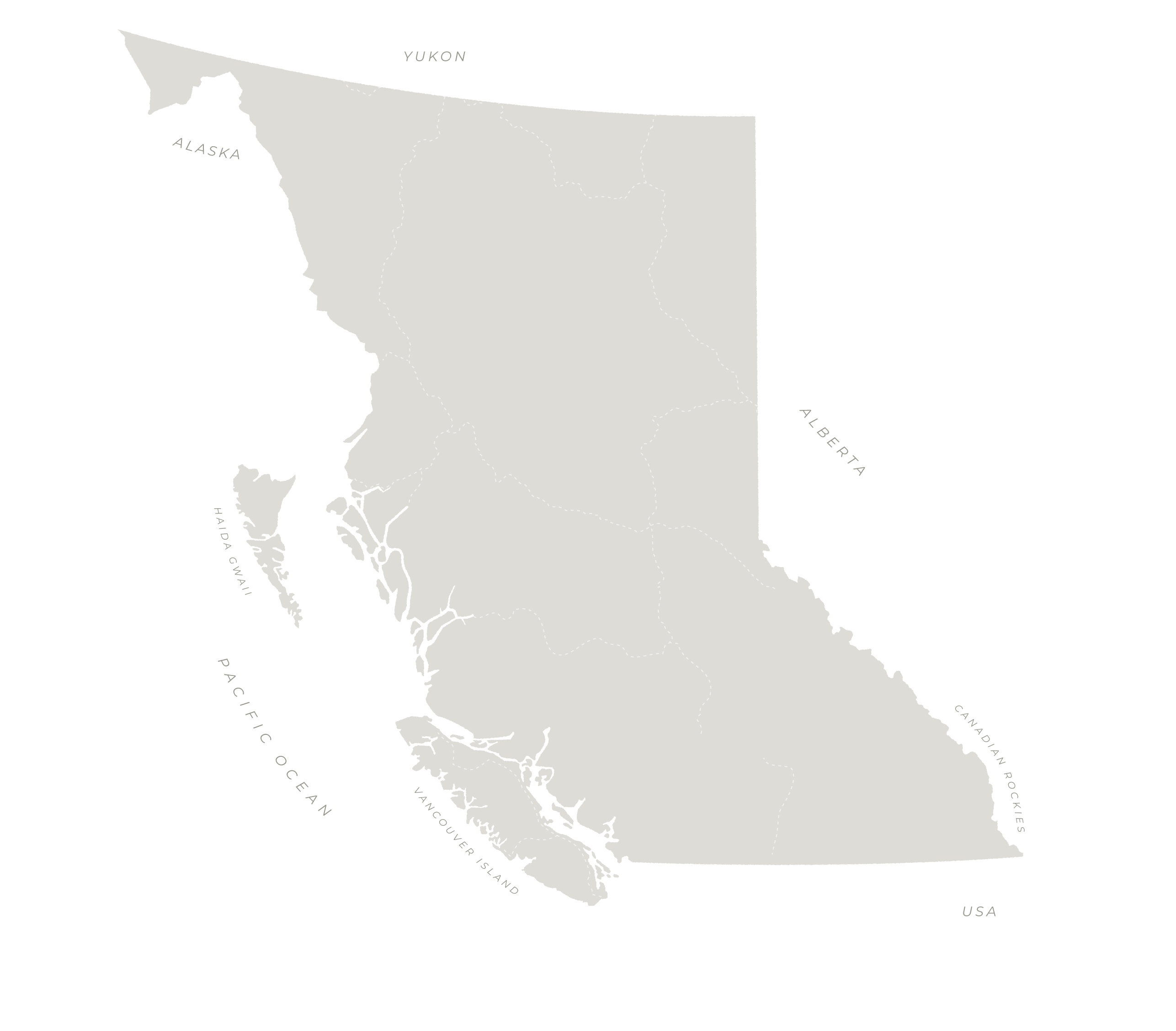 A map of British Columbia highlighting Birthplace of Adventure