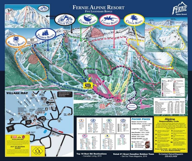 Map of ski resort and trails from Fernie Resort in BC