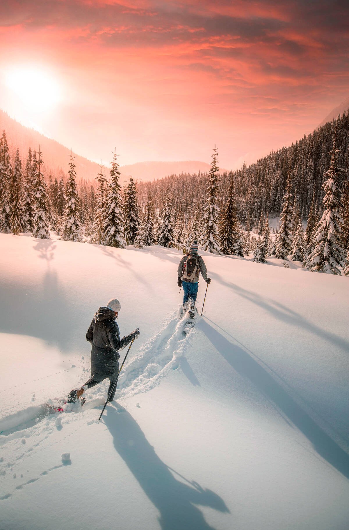 Two people snowshoe across a snow-covered opening in the alpine at dusk. Trees and distant mountains appear in the backgound.