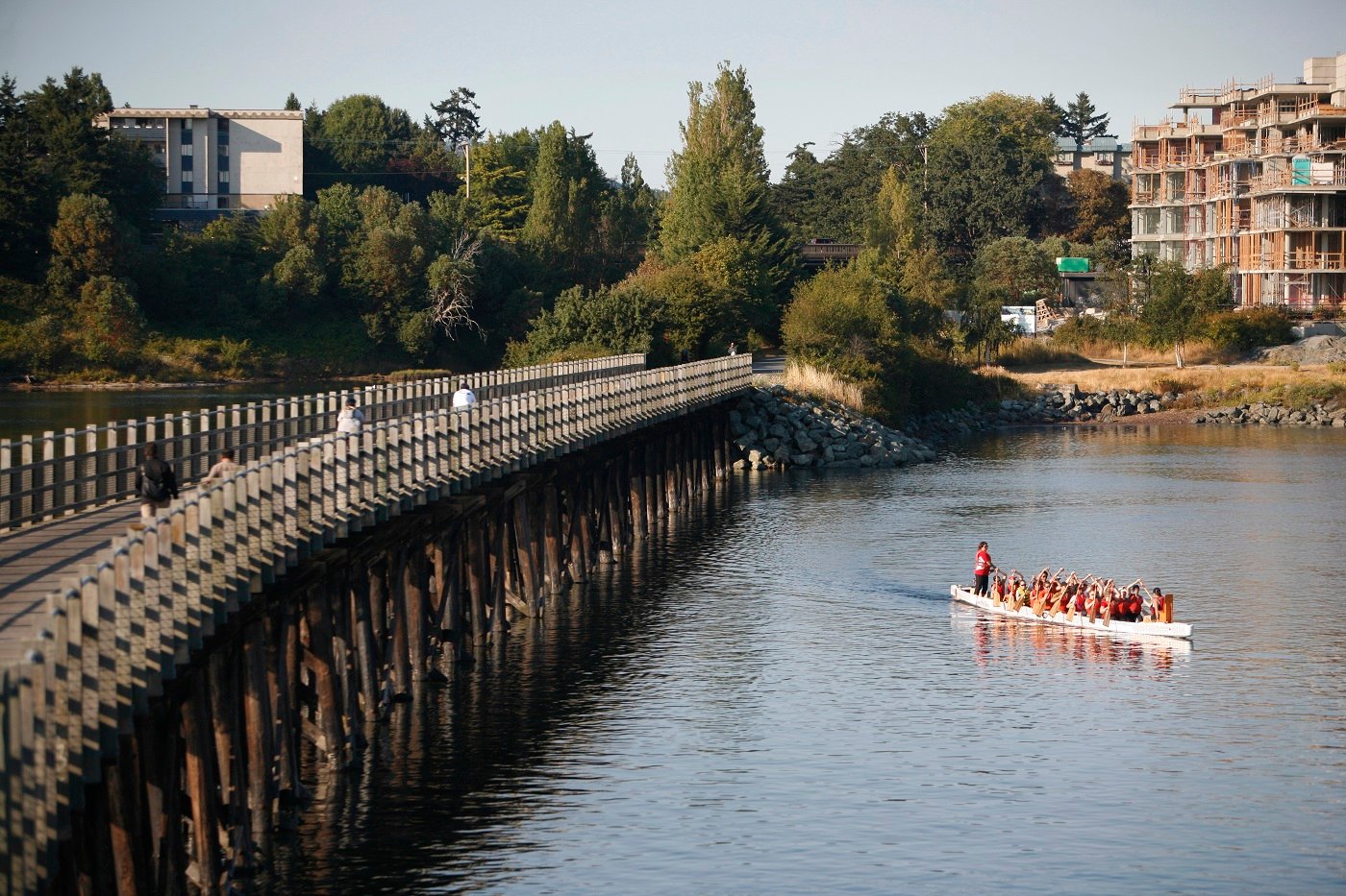 A dragon boat paddles in the water away from a bridge. Cyclists are seen riding over the bridge on a clear, sunny day.