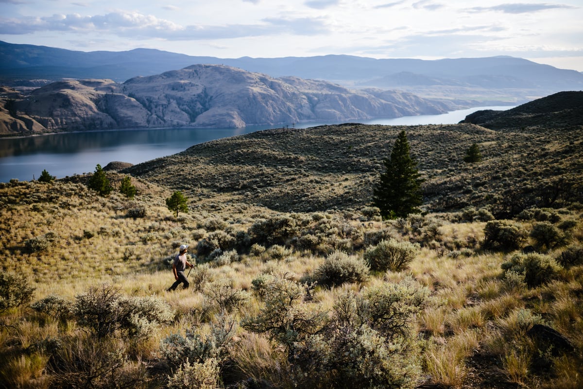 A man is walking in the Lac du Bois grasslands on a clear day. Behind him is a view over the lake and surrounding hills.