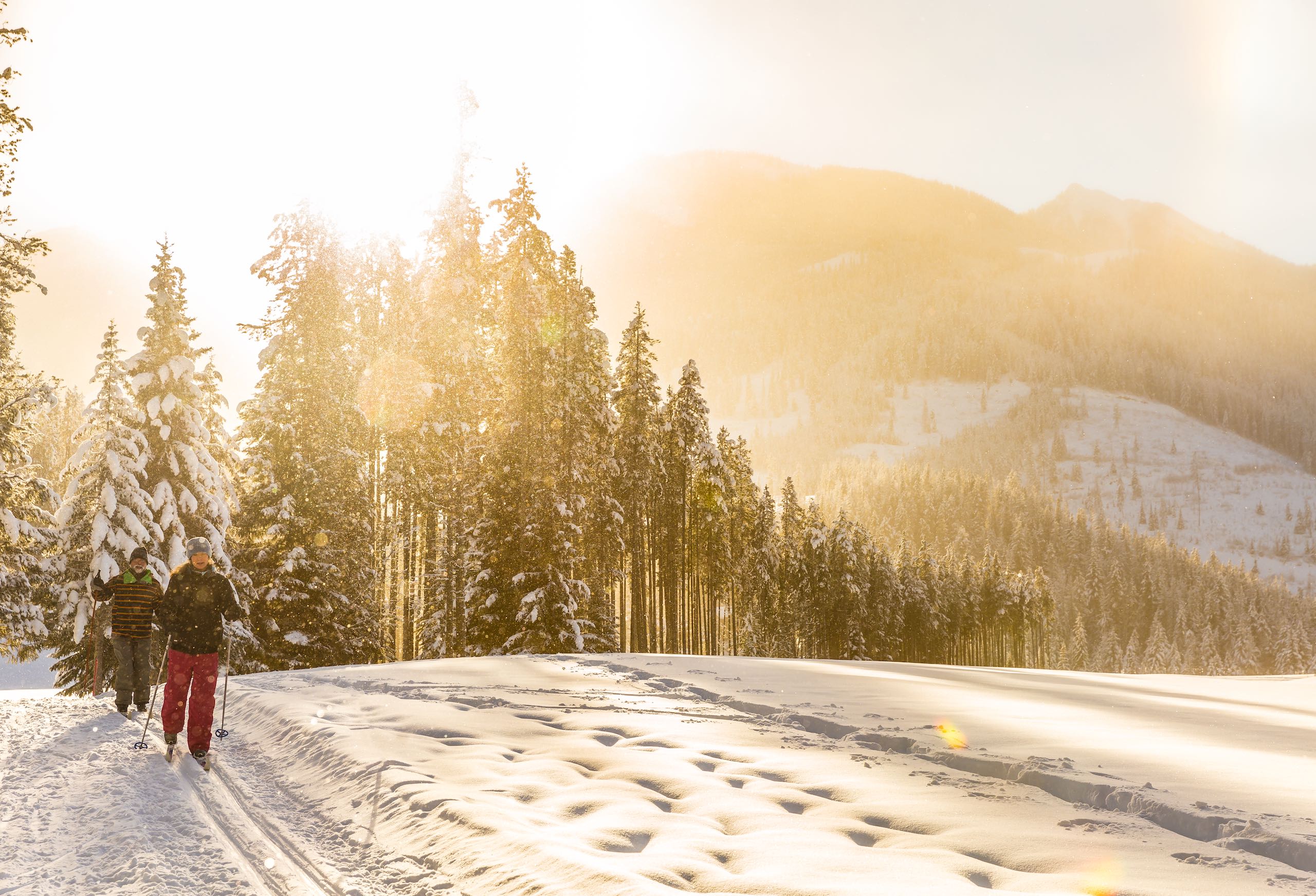 Two people cross country skiing at Panorama Mountain Resor