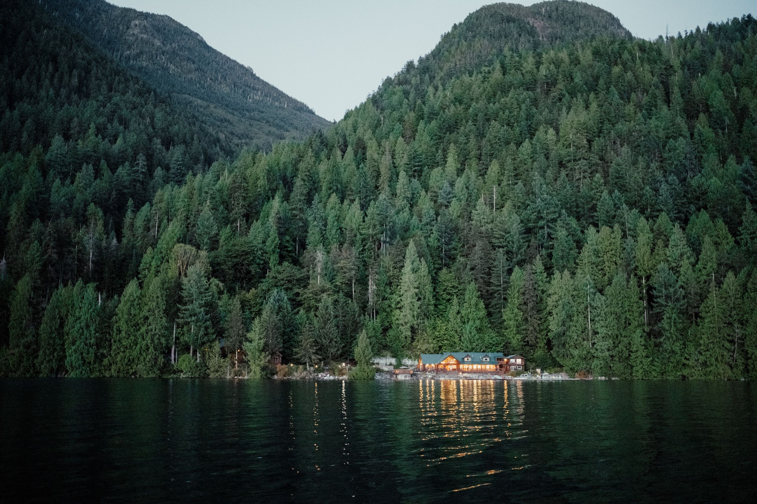 Klahoose Wilderness Resort from across the Homfray Channel