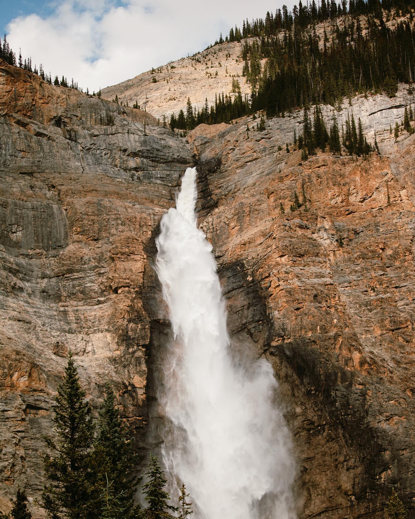 A waterfall plunges down a steep, rocky cliff face, surrounded by rugged terrain and pine trees.