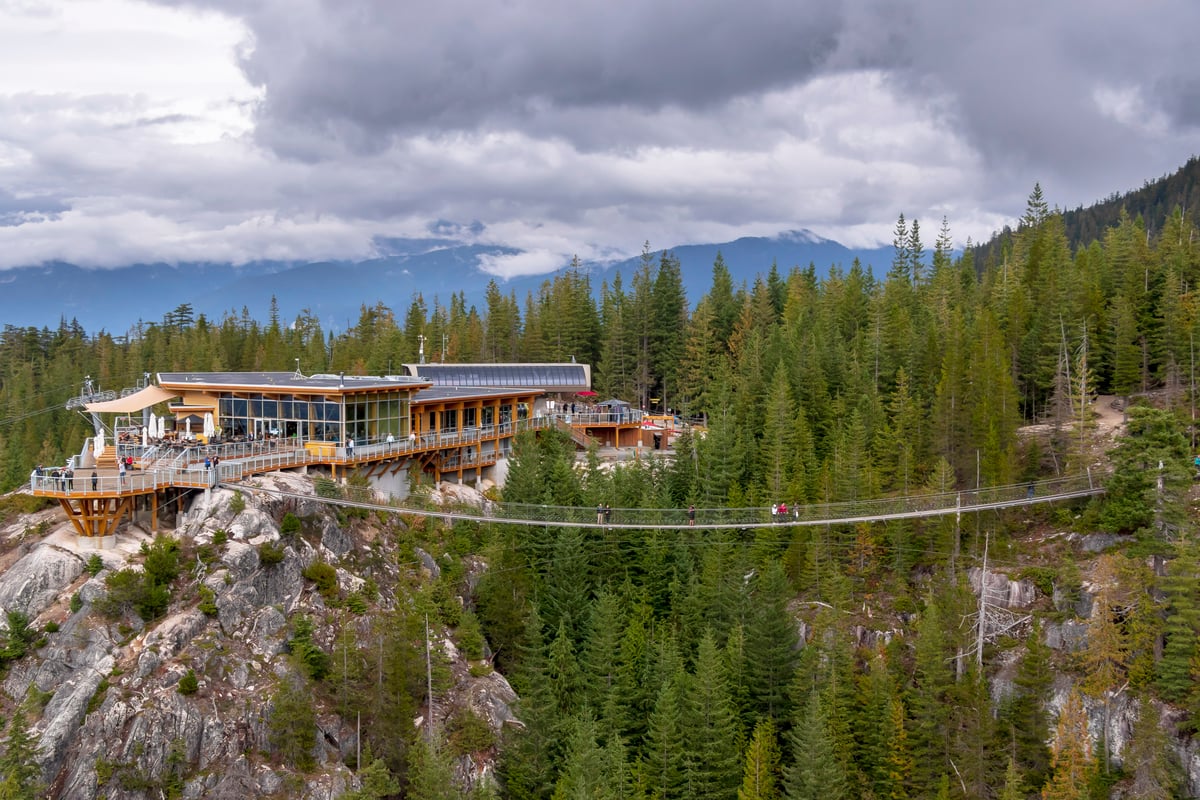 A view of the top building at the Sea to Sky Gondola and the suspension bridge with people walking across.