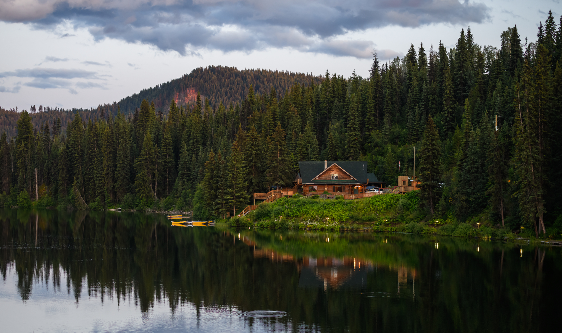 The lakeshore cabins and restaurant at the Lac des Roches Resort in Lone Butte.